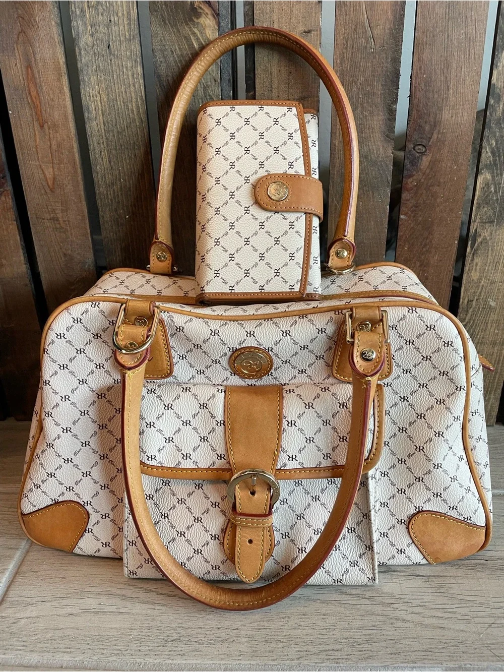 Rioni Cream & Tan Monogram Satchel with Wallet